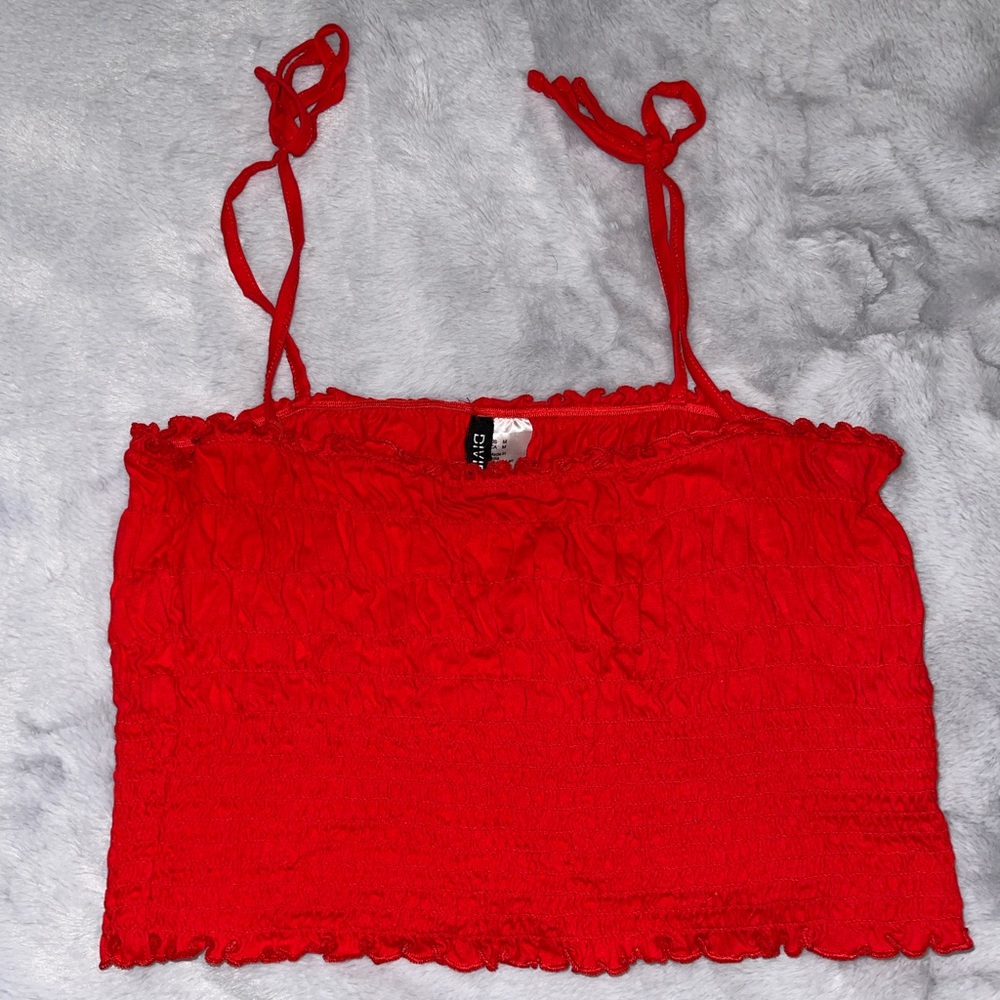 Divided Red Textured Top with Nonfunctional Ties on Strap Size Medium